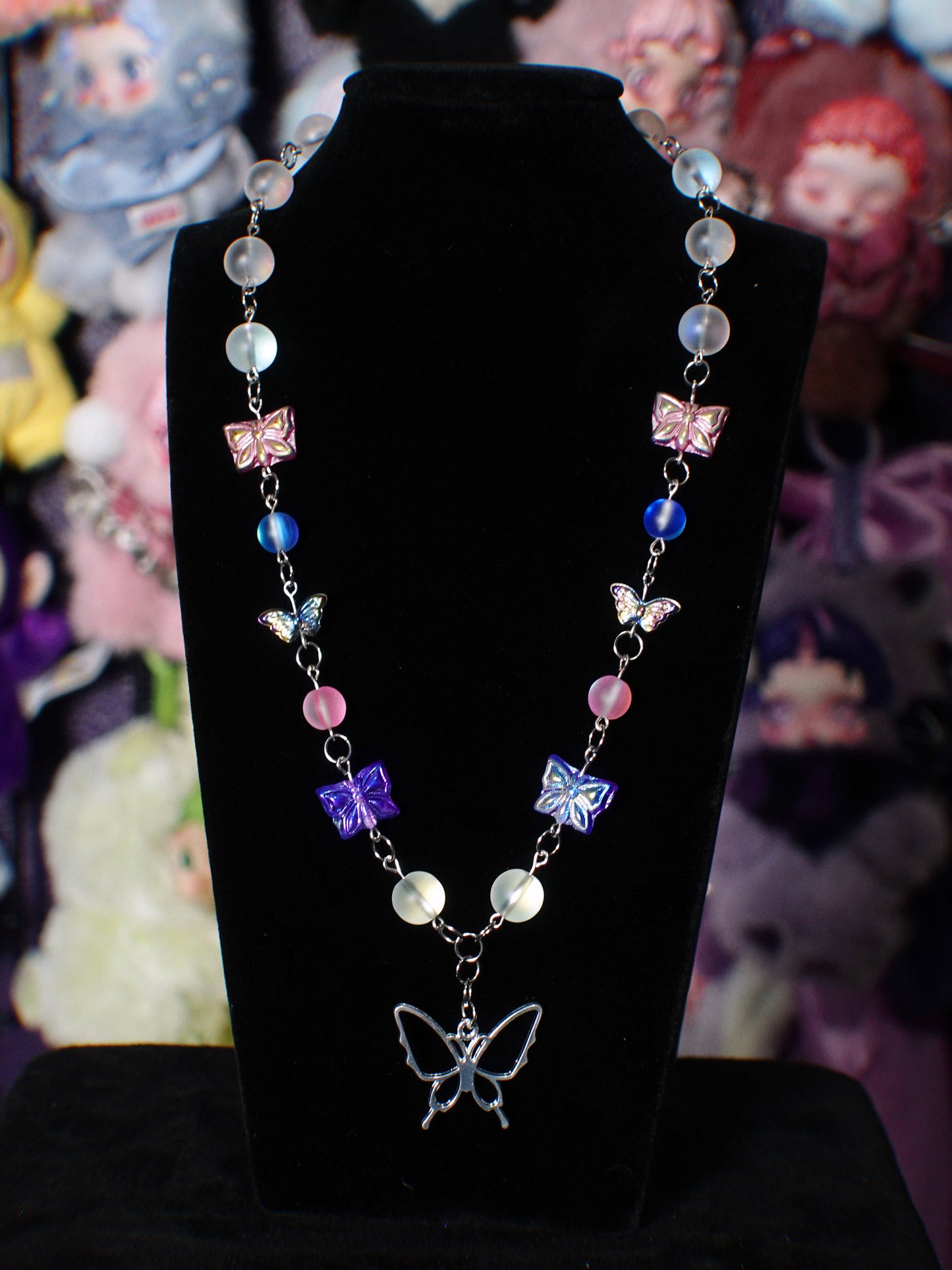 pink n blue butterfly necklace