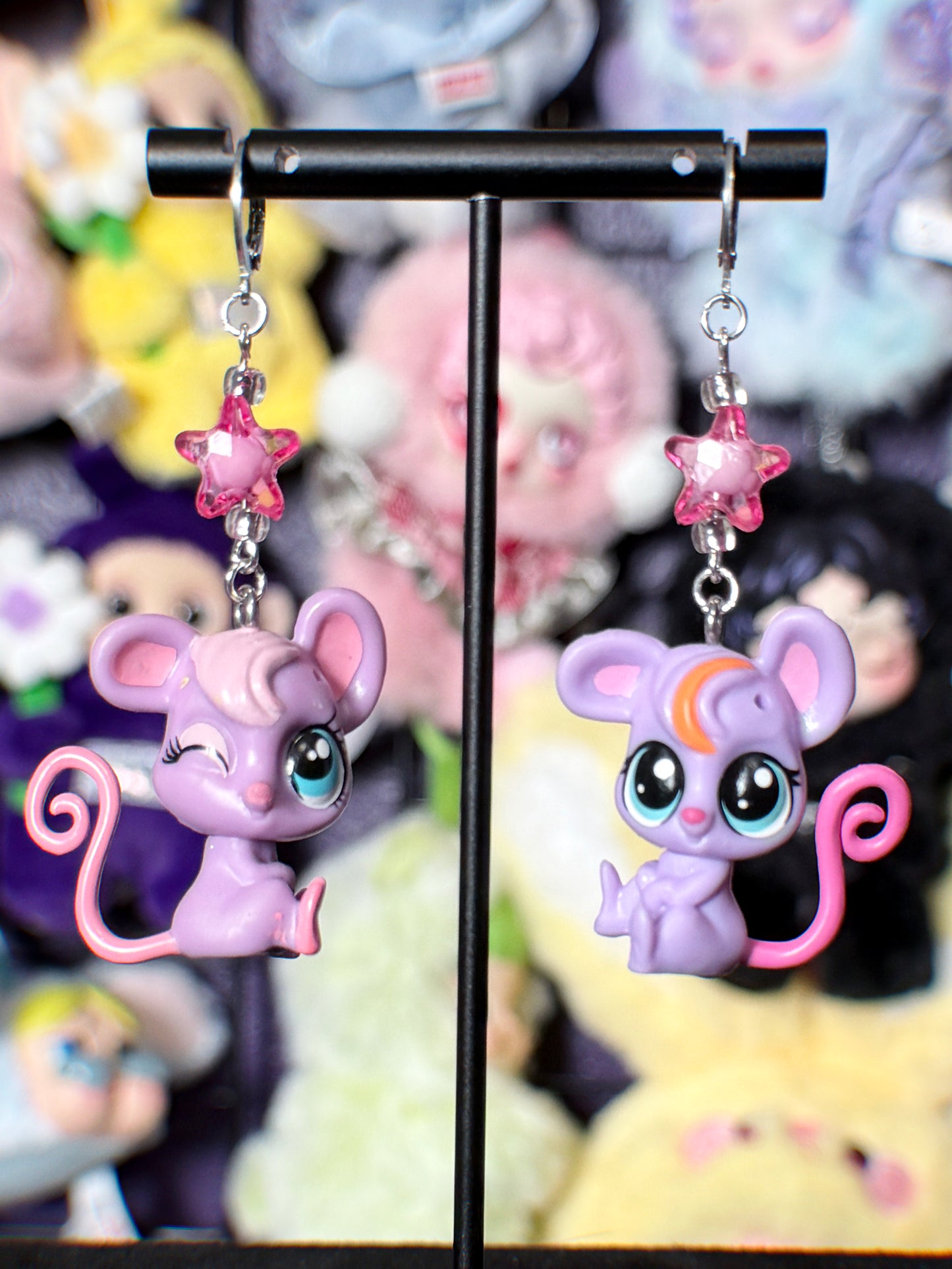 littlest pet shop earrings (pink/blue/purple)