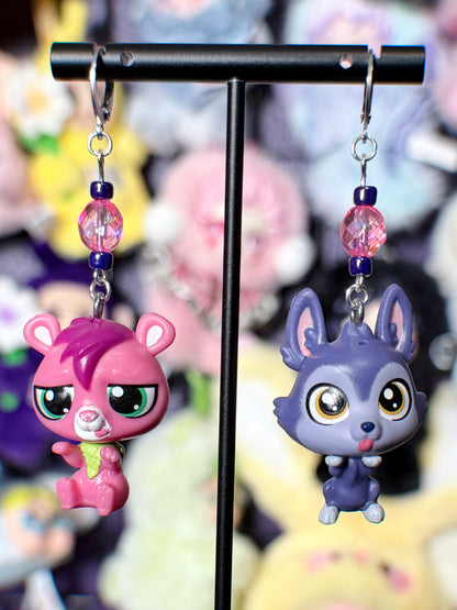littlest pet shop earrings (pink/blue/purple)