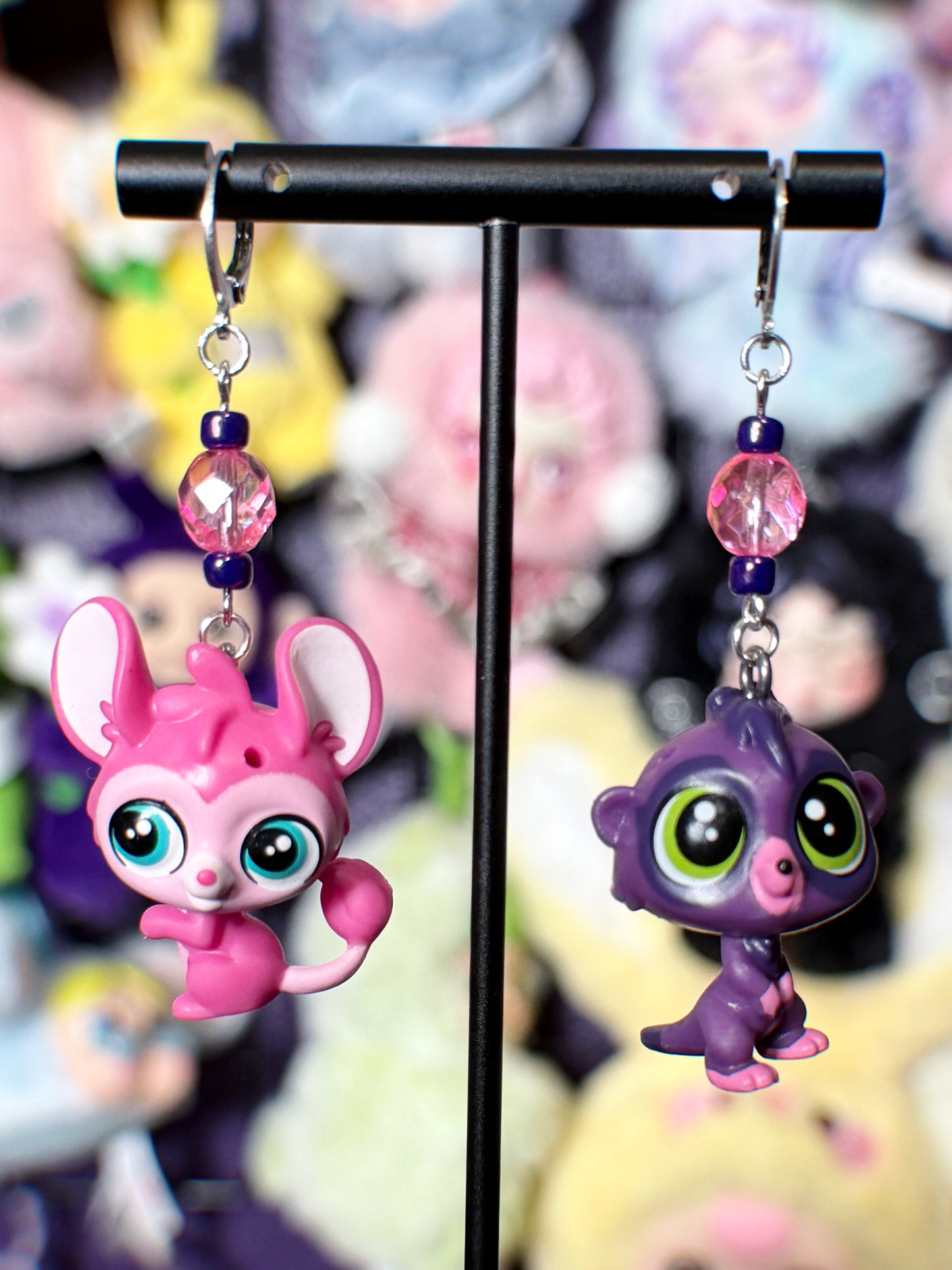 littlest pet shop earrings (pink/blue/purple)