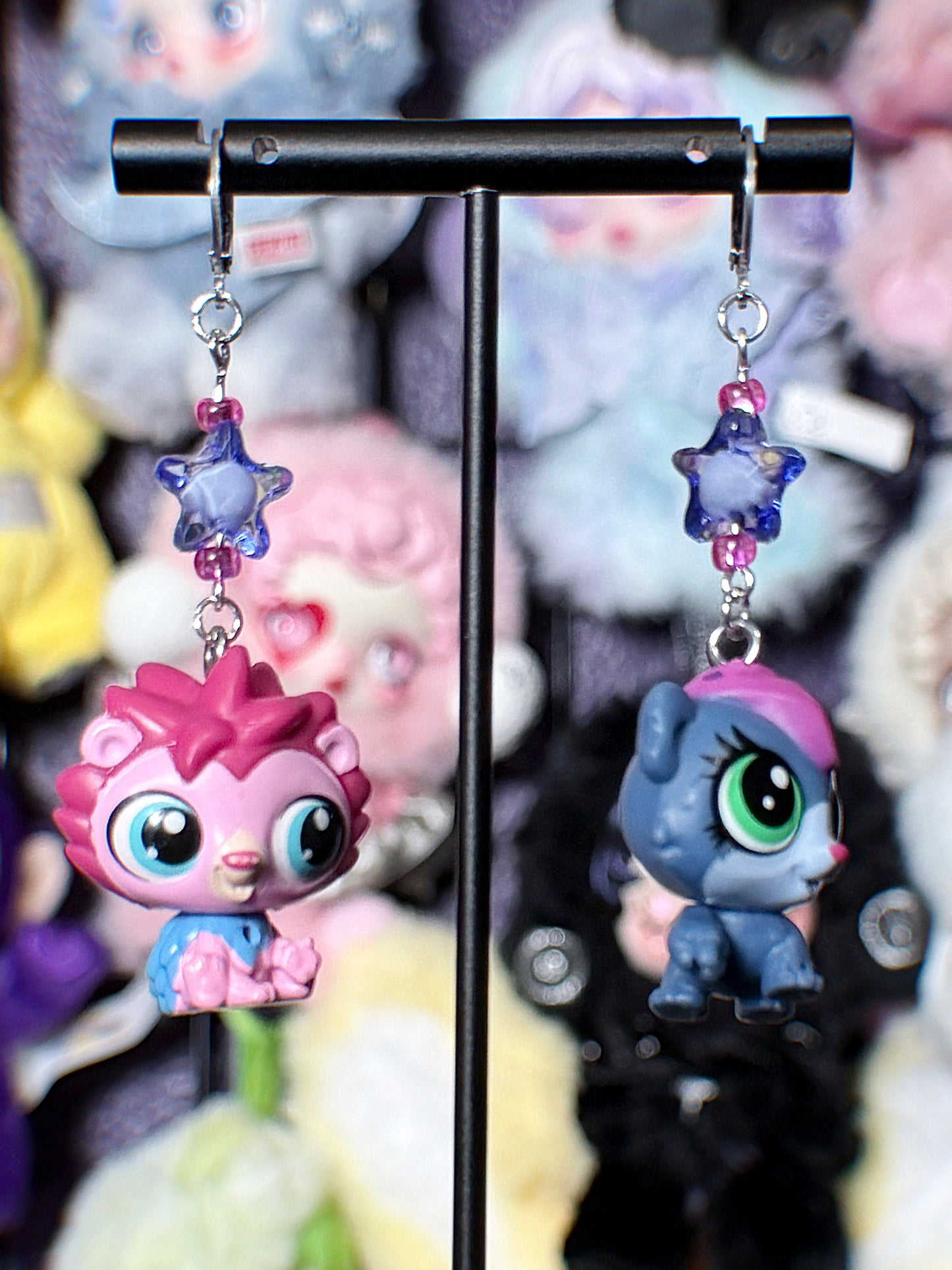 littlest pet shop earrings (pink/blue/purple)