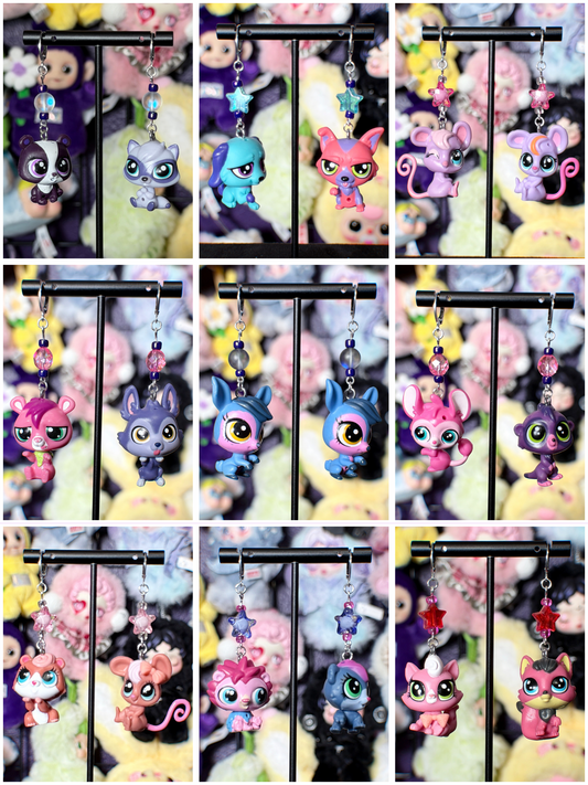 littlest pet shop earrings (pink/blue/purple)